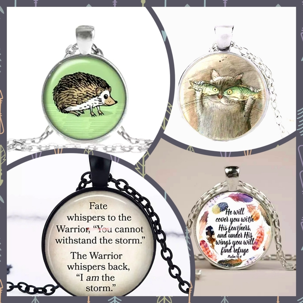 Boho Glass Cabochon Art Quote Necklace